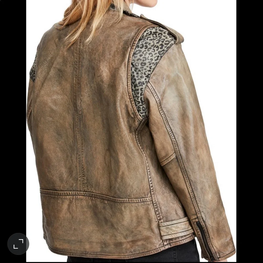 Free People We The Free Over You Brown Oversized Leather Leopard Moto Jacket - Picture 2 of 13
